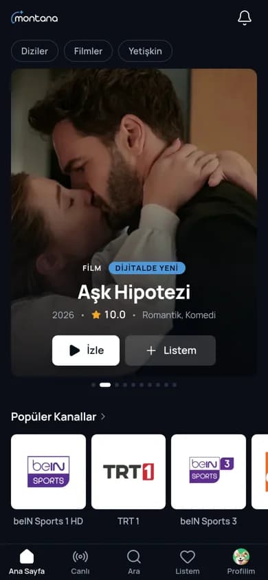 Montana uygulamasının telefondaki ana ekranı